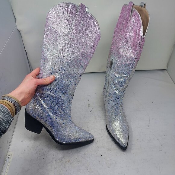 Azalea Wang Rhinestone Silver Western Cowboy Boot - Picture 1 of 10